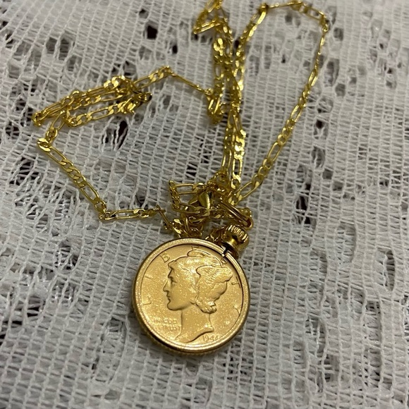 (SOLD) Authentic 1944 Silver Mercury Dime, Gold Plated with  18-inch Gold Filled - Picture 2 of 8